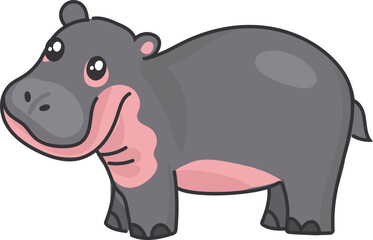 Chubby Hippo Standing and Smiling in Hand-Drawn Animal Icon
