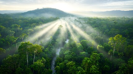 Lush rainforest sunrise, sunlight rays through mist