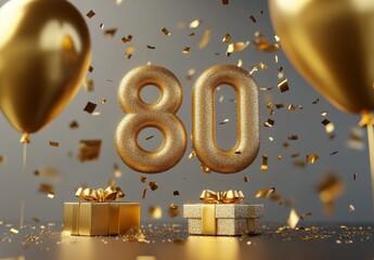 Golden 80 Celebration with Balloons, Confetti, and Gift Boxes