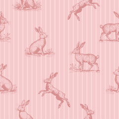 Vintage pink hare striped seamless vector pattern