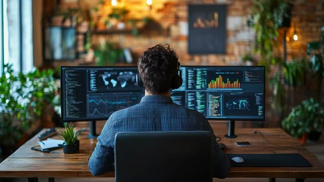Rear view of a person analyzing data graphs on a computer while participating in a video conference with an AI-powered robot, showcasing artificial intelligence in business technology - Powered by Adobe