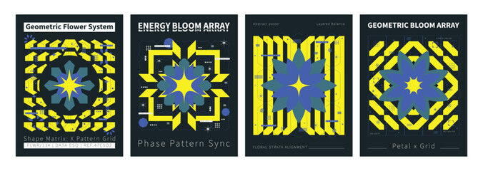 Geometric Bloom Array Designs: a stunning set of graphic resources and posters with geometric patterns. It showcases an eye-catching blend of modern design. 