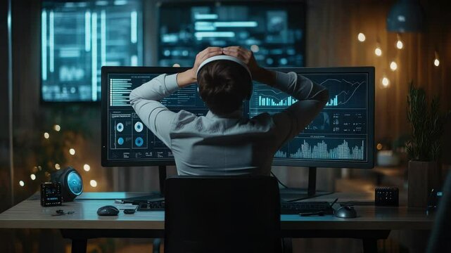 Rear view of a man clutching his head while analyzing financial graphs and charts on a computer screen, representing a crisis, business recession, income drop, or serious challenges in commercial oper