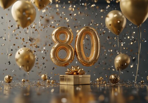 Golden Celebration for 80th Birthday with Balloons and Confetti