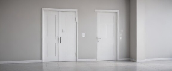 Fototapeta premium Clean white doors, various states, minimalist setting, perspective, room