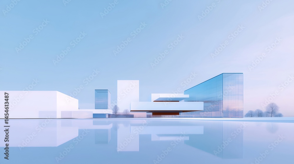 Aufkleber 洗練された白い建築構造と穏やかな青空 水面反射のある現代的な風景
