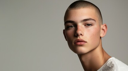 Obraz premium Teenager with buzzcut, clean background, Teen, Caucasian, Casual, Studio portrait