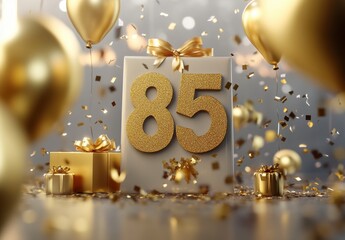 Elegant 85th Birthday Celebration with Gold Balloons and Confetti