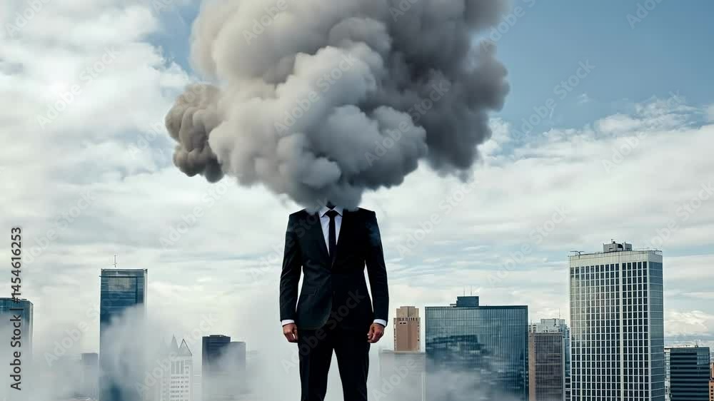 Poster surreal sequence showing a businessman in a suit with a growing cloud of smoke replacing his head, s