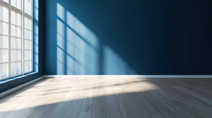 Empty Room with Light Wood Floors and Deep Blue Walls