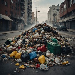 Overwhelming Waste Accumulation on Urban Street Creating Environmental Crisis and Urban Decay, Cityscape Underneath Cloudy Sky