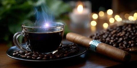 Enjoying a warm cup of coffee beside a cigar with soft lights in the background during an evening gathering