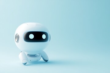 A cute futuristic white robot with glowing blue eyes, representing artificial intelligence and digital innovation in a modern and friendly design.

