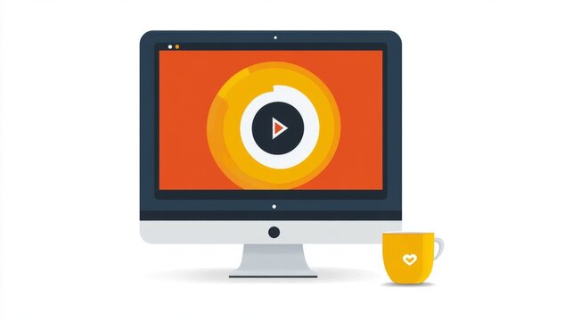 Digital Workspace: A vibrant computer screen showcases an interactive media player, accompanied by a cheerful yellow mug, creating a modern workspace with technological and comforting elements.