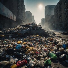 Street scene depicts abandoned car buried under massive trash pile in urban decay environment under hazy sunshine