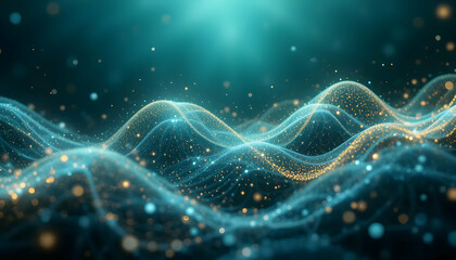 Abstract Teal and Gold Particle Wave Background Futuristic Digital Art