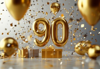 Golden 90th Birthday Celebration Festive Balloons and Gifts