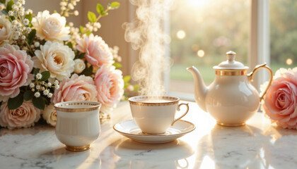 Fototapeta premium Elegant tea set, steaming cup and teapot, flower arrangement, warm sunlight, cozy atmosphere, copy space