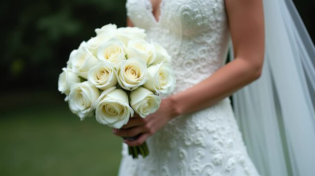 Elegant Bridal Bouquet of White Roses Held by the Bride