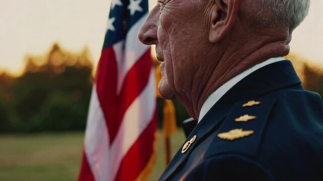General officer standing at attention, facing the american flag, with a look of pride and respect on his face during a patriotic ceremony at sunset