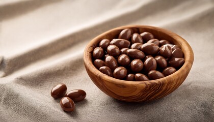 milk chocolate dragee in olive wood bowl on linen background