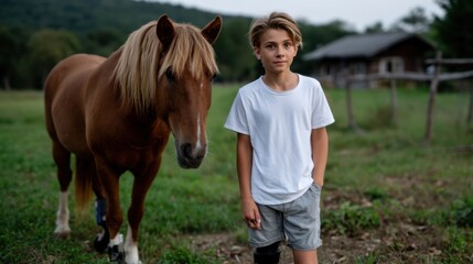 Young boy with prosthetic leg standing next to a horse outdoors in a rural setting during daytime