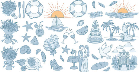 Hand drawn chalk wedding illustrations for poster, placard or save the date. Wine champagne glass cheers, fountain, bride and groom