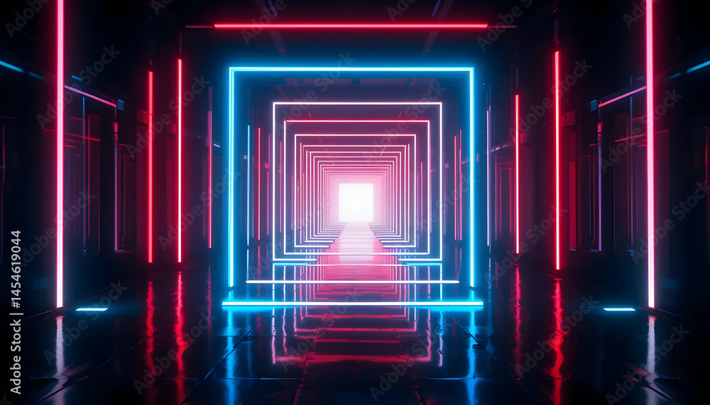 Poster neon lights tunnel abstract 3d render of glowing red, blue, and white square frames in a dark corrid