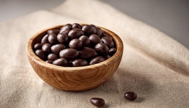 dark chocolate dragee in olive wood bowl on linen background