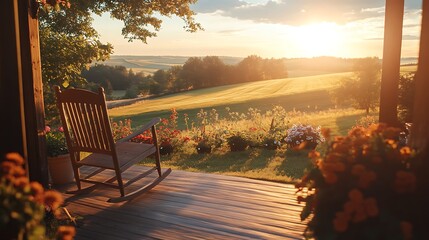 Serene rocking chair porch view at golden hour.