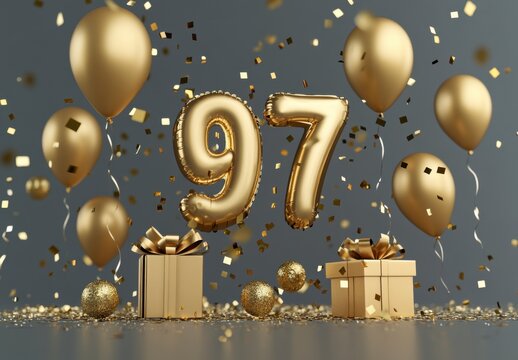 Golden Celebration with Balloons, Gifts, and Confetti for 97th Event