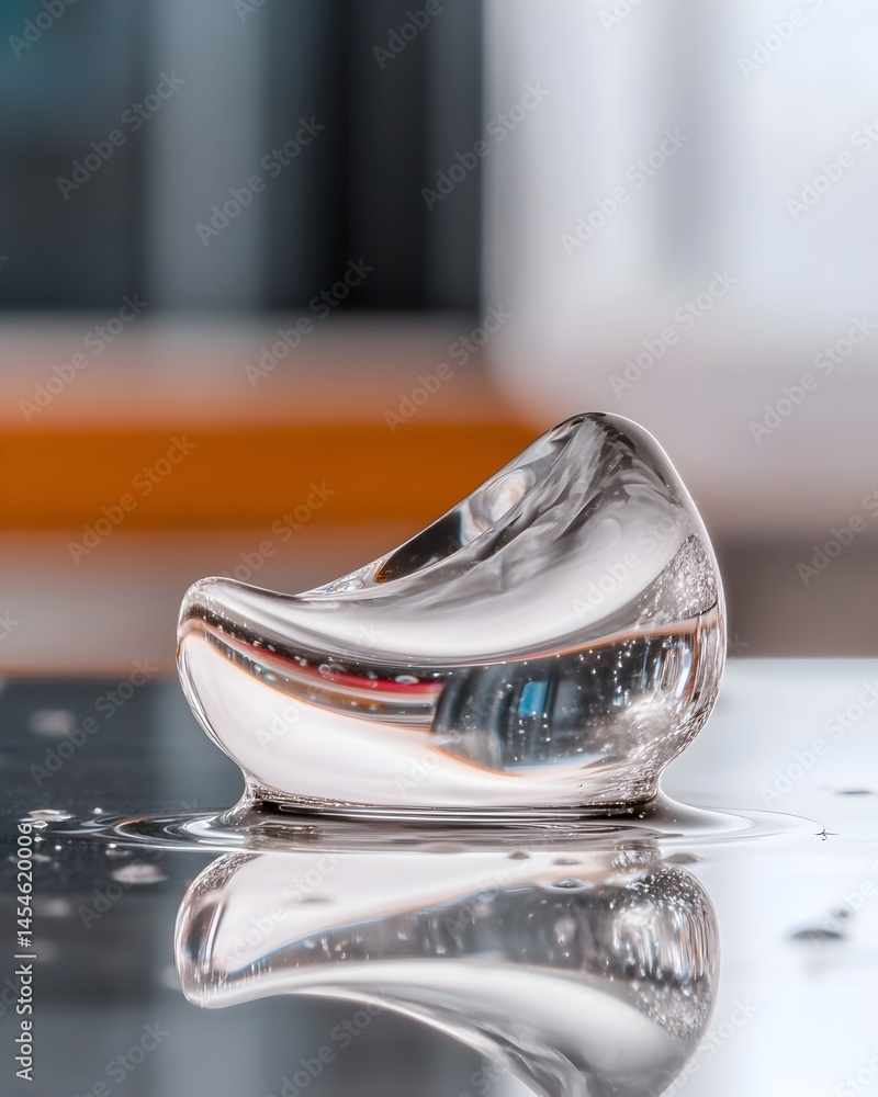 Poster a smooth, translucent object rests on a reflective surface, its curves reflecting light and its surr