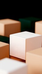 A white cube stands out among tan and dark-green cubes