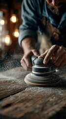 Carpenter sanding wood, creating a dust cloud