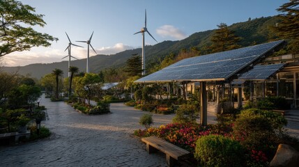 Innovative Public Park Featuring Solar Panels Showcasing Sustainable Energy Solutions and Community Engagement