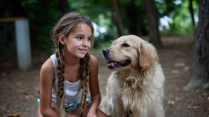 Young girl and Golden Retriever dog enjoying a peaceful moment in the woods during daytime