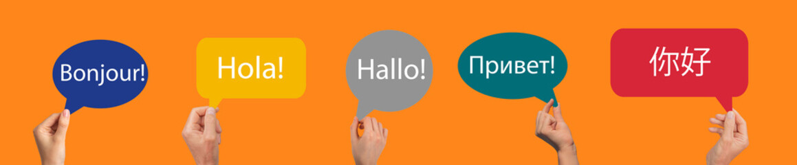 Speech bubbles with hello, greeting word in diverse foreign languages. French, Spanish, German, © valiantsin
