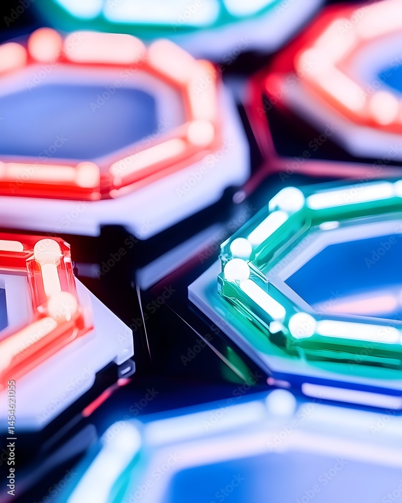 Aufkleber colorful octagonal shapes with glowing led lights, arranged in a hexagonal pattern on a reflective s