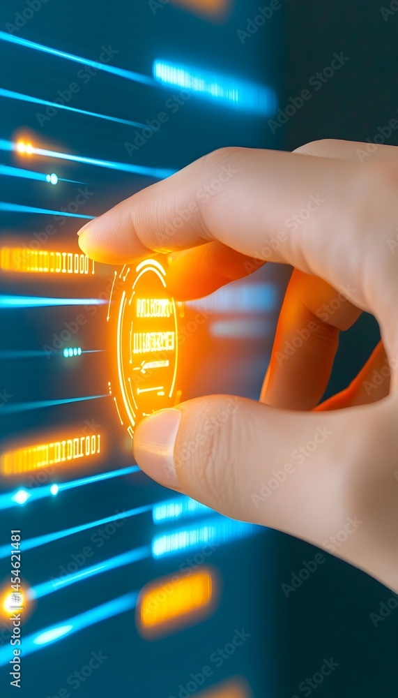 Poster hand interacts with glowing digital interface, data streams visualized