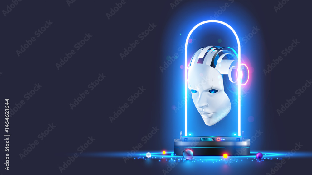 Poster AI chat bot head over podium in cyberspace. Cyborg or humanoid robot face with electronic brain in neon lights. Artificial neural network concept. Sci-fi vector illustration Artificial intelligence.