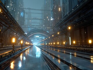 Fototapeta premium Futuristic cityscape featuring a central road with glowing lights, skyscrapers, and a modern architectural design under an overcast sky.