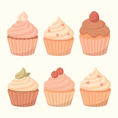 Cupcake card set in pastel colors. Flat vector illustrations of desserts and decorations. All elements are isolated from light background. Perfect for greeting cards, print, packaging. EPS file.

