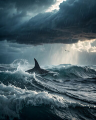 Fototapeta premium Stormy Ocean with Shark Dorsal Fin