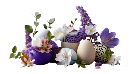 Easter Egg Floral Arrangement: A delightful and vibrant collection of decorated Easter eggs, adorned with a medley of fresh spring flowers, embodying the spirit of renewal and springtime joy.