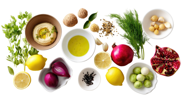 Mediterranean Culinary Harmony: A vibrant tableau of fresh, healthy Mediterranean culinary elements, including hummus, falafel, lemon, onion, dill, pomegranate.