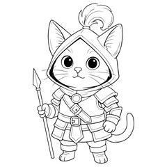 Cute Cat Knight Character Image holding a Spear. Cartoon Cat with Armor and Hood