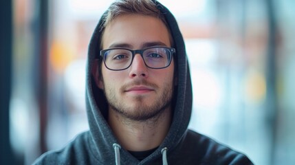Fototapeta premium Young male programmer in glasses, hoodie, tech office background, focused expression