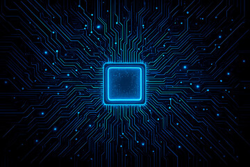 Futuristic Glowing Microchip on Digital Circuit Board – Blue Tech Background


