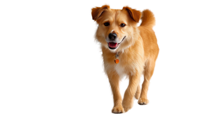 Joyful Canine's Walk: A happy, golden-furred canine strides forward with boundless joy and infectious energy, their expressive eyes and wagging tail.