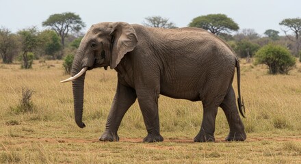 Fototapeta premium A large African elephant with tusks walks across a dry grassy plain under a bright sky. In the background are sparse trees and bushes. African wildlife, safari and animal watching